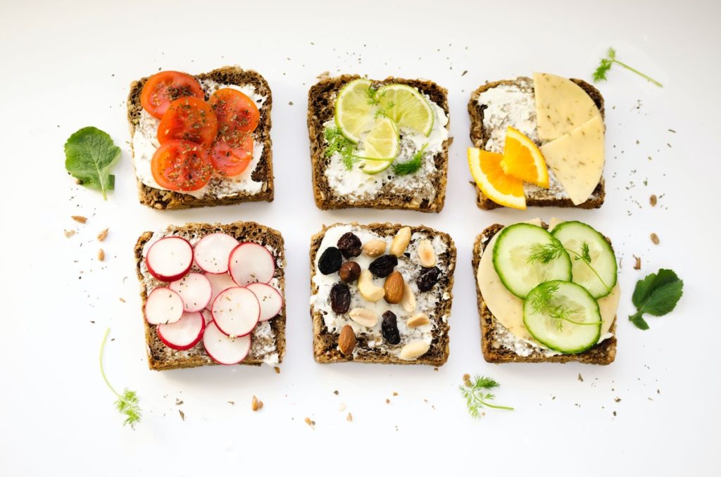 six pieces of wholegrain toast with various healthy toppings