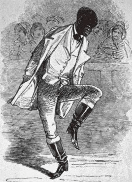 A black and white drawing of William Henry Lane, known as “Master Juba,’ dancing in a long white suit and black boots in front of the audience.
