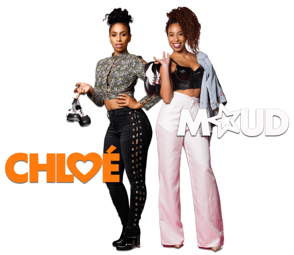 Chloe and Maud Arnold pose with tap shoes in their hands, wearing fashionable outfits and their names “Chloe” and “Maud” In orange and white script overtop of the photo