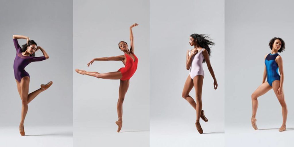 Four dancers pose in pointe shoes and different colored leotards cropped together into one photo