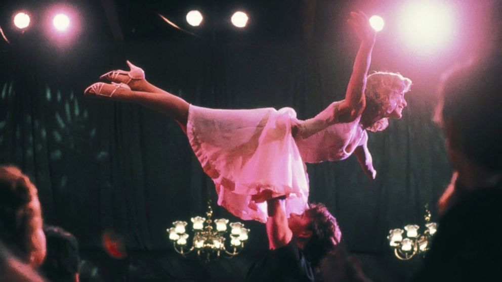dirty dancing lift with patrick swayze and jennifer grey in pink dress in iconic lift overhead 