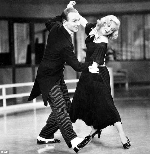 Fred Astaire and Ginger Rogers partner dancing in black and white dress and suit with pinstriped pants