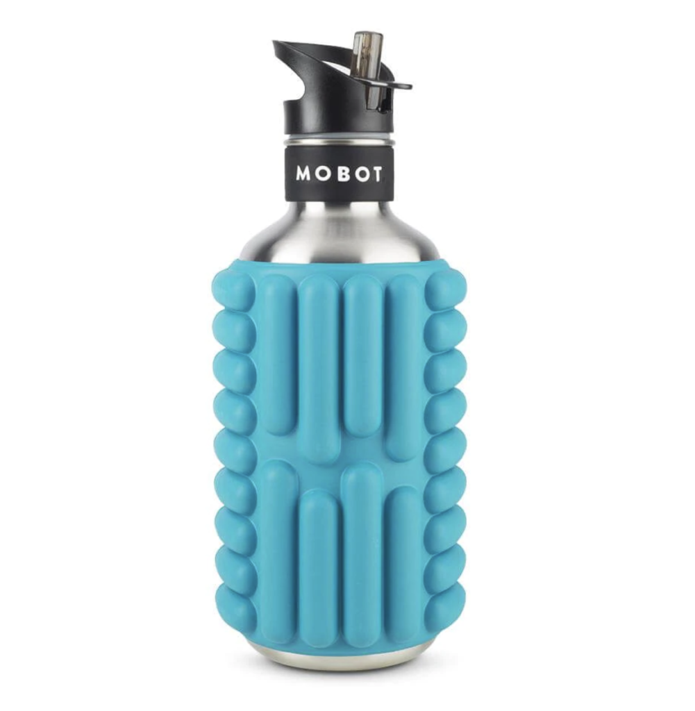 Mobot water bottle and foam roller in light blue.